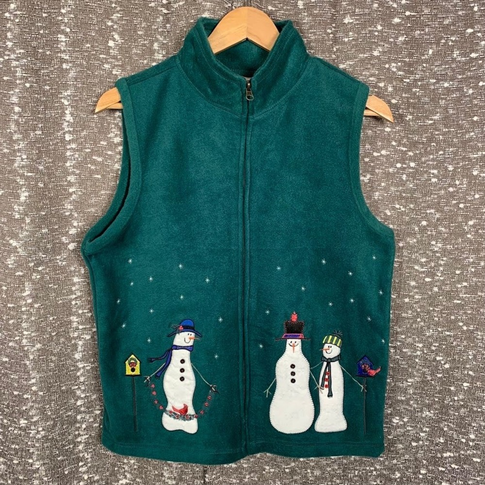 Rebecca Malone Green Fleece Snowman Christmas Holiday Full Zip Vest Womens Small